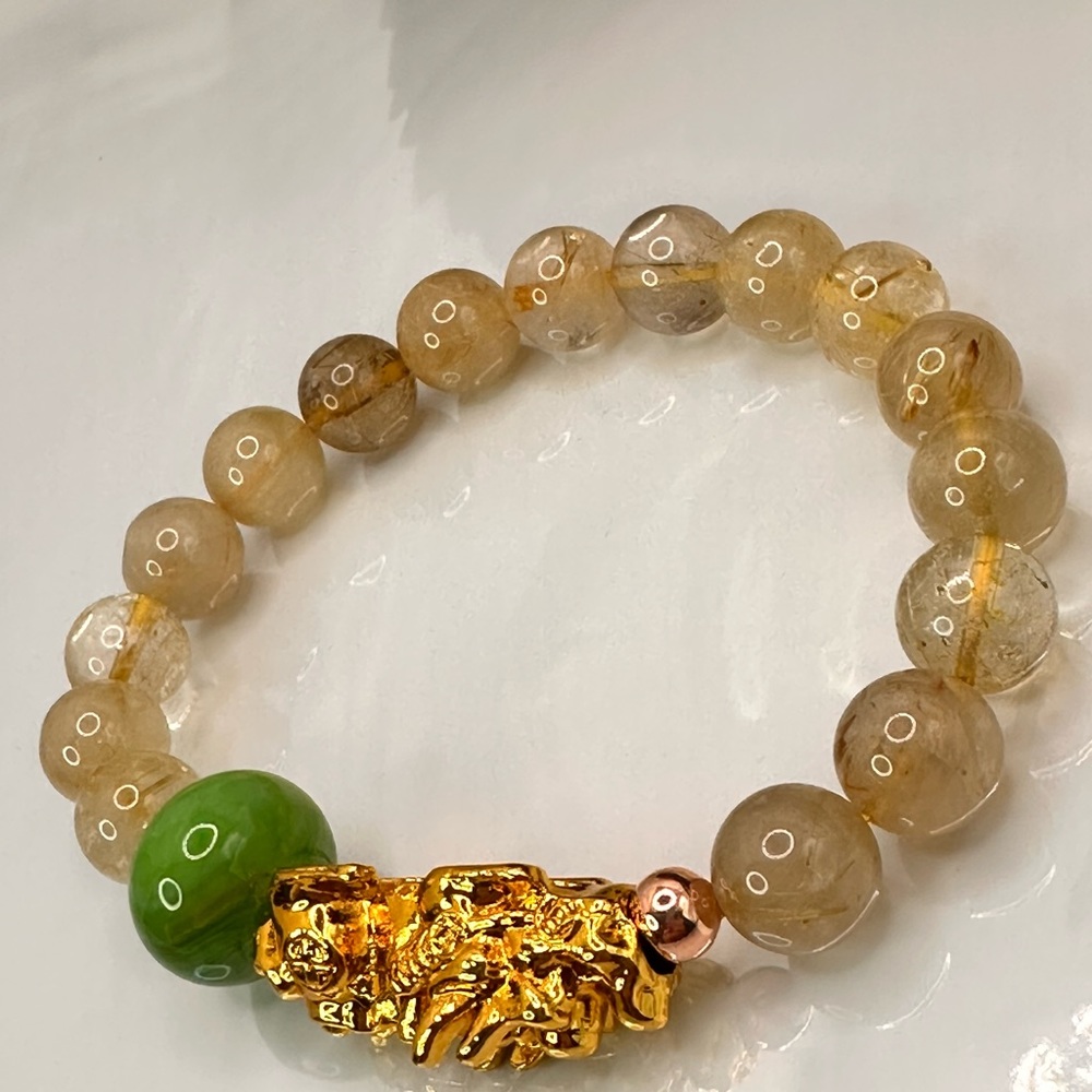 GOLD RUTILANT + GOLD PIXIU NATURAL BRACELET size 7” - Picture 6 of 12